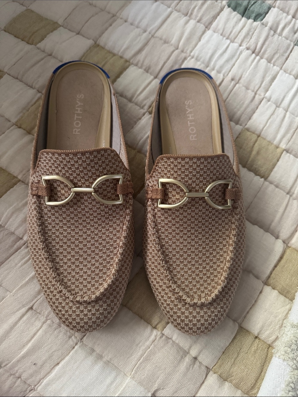 Rothy's Tan Knit Slip-On Mules with Gold Horsebit